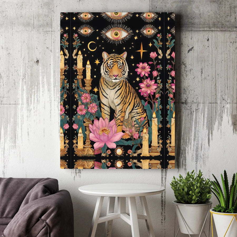 Mystical Tiger Canvas Art | Celestial Eye & Floral Illustration | Premium Fade-Resistant Print | Bohemian Room Decor Gift