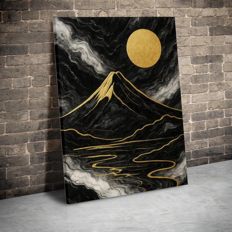 Abstract Mountain Canvas Wall Art | Gold Sun Black Landscape Print | Premium Gallery Wrap Decor | Modern Minimalist Living Room Gift