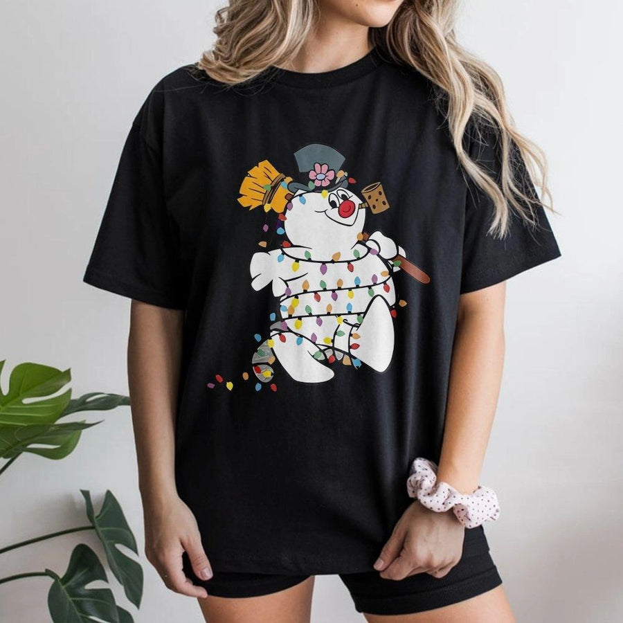 Snowman Christmas T-Shirt | Festive String Lights Graphic | Premium Cotton Unisex Tee | Cute Holiday Gift For Family And Friends
