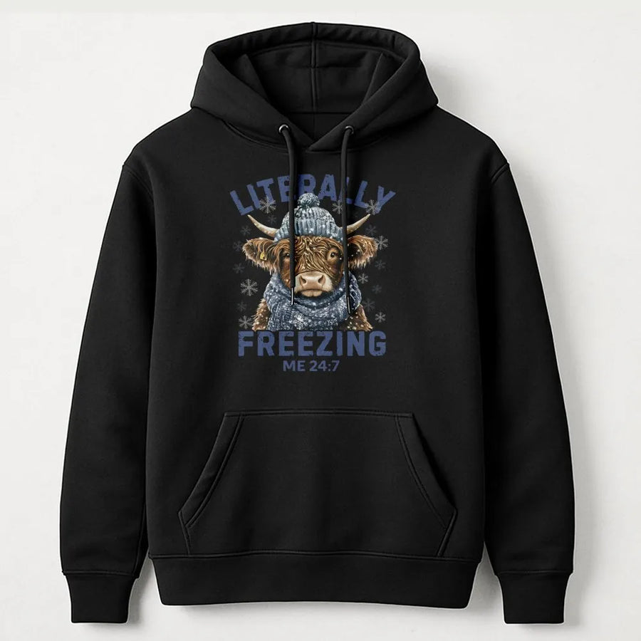 Highland Cow Hoodie | Literally Freezing Winter Graphic | Premium Cotton Blend Unisex Sweatshirt | Funny Gift for Animal Lovers