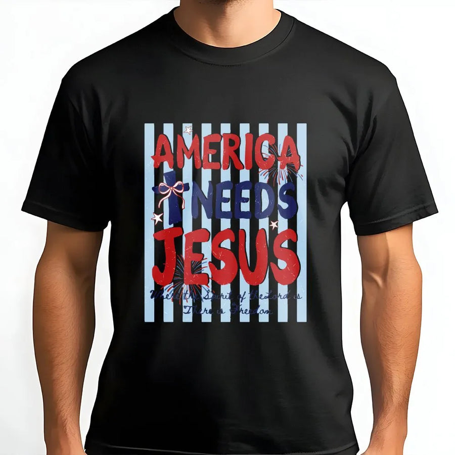 America Needs Jesus T-Shirt | Patriotic Coquette Bow USA Graphic | Premium Cotton Comfort Colors Tee | 4th of July Christian Faith Gift