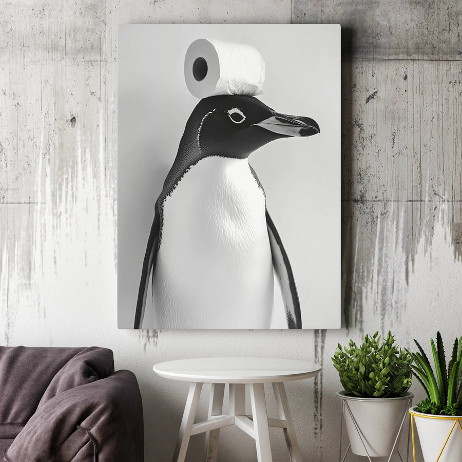 Funny Penguin Wall Art | Whimsical Animal Portrait with Toilet Paper | Premium 1.25" Gallery Wrapped Canvas | Quirky Bathroom Decor Gift