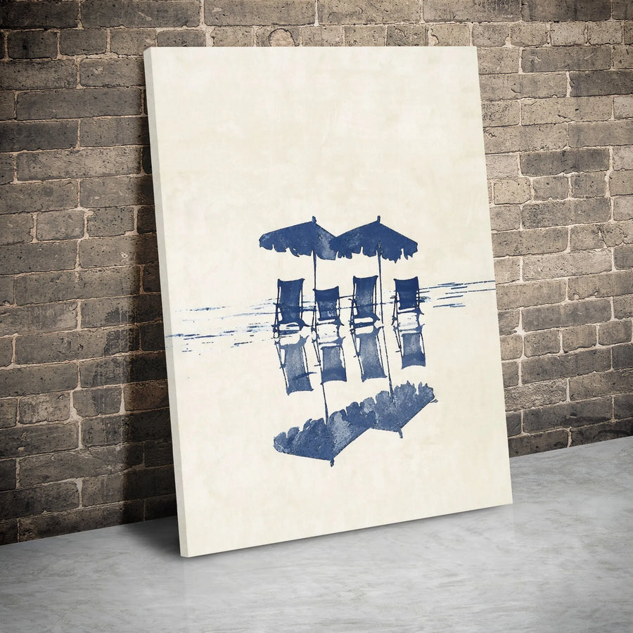 Coastal Beach Art Canvas Print | Minimalist Navy Blue Umbrellas & Chairs | Gallery Wrapped Premium Quality | Relaxing Modern Home Decor Wall Art