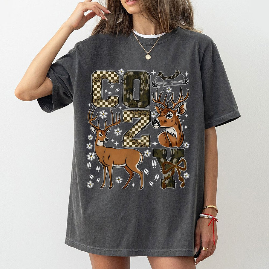 Cozy Season Hunting T-Shirt | Camo Deer Print with Bow Detail | Premium 100% Cotton | Gift for Hunters and Outdoor Lovers