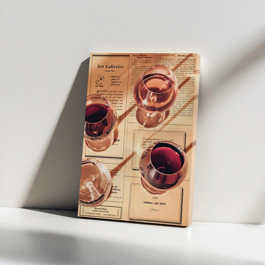 Wine Glass Wall Art | Vintage Newspaper Collage Canvas | Premium Gallery Wrap | Kitchen Decor Gift for Wine Lovers