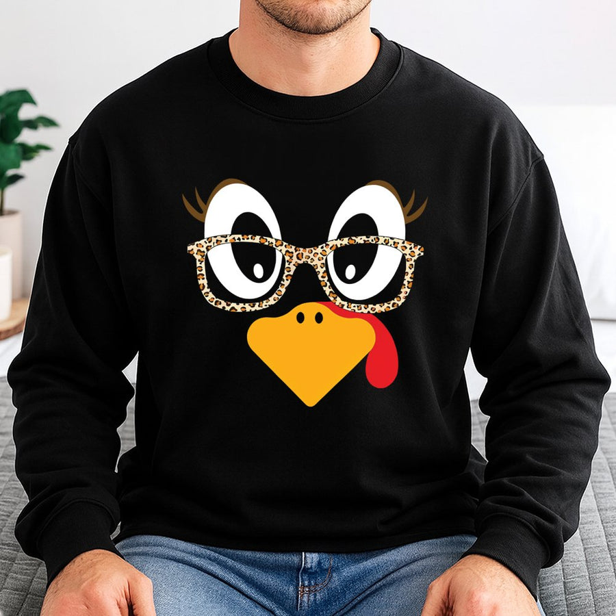 Thanksgiving Turkey Sweatshirt | Leopard Print Glasses Funny Graphic | Premium Cotton Blend | Fall Holiday Outfit Gift For Her