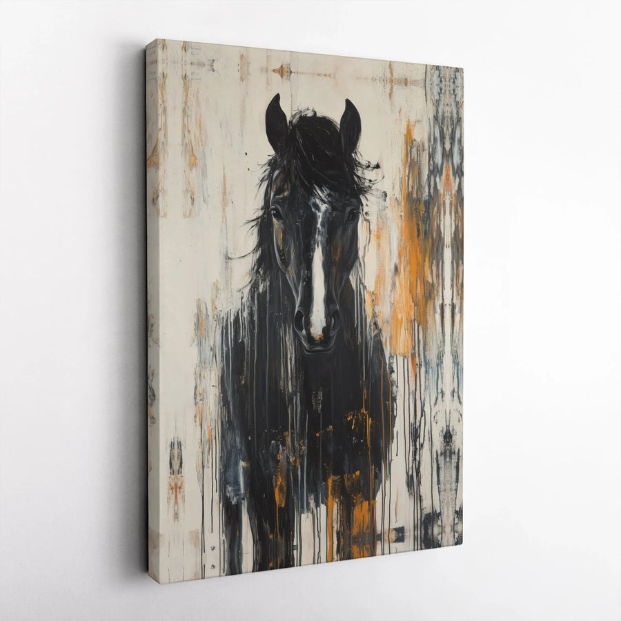 Abstract Black Horse Canvas Wall Art | Modern Drip Paint Equestrian Decor | Gallery-Wrapped Premium Print | Sophisticated Living Room Gift