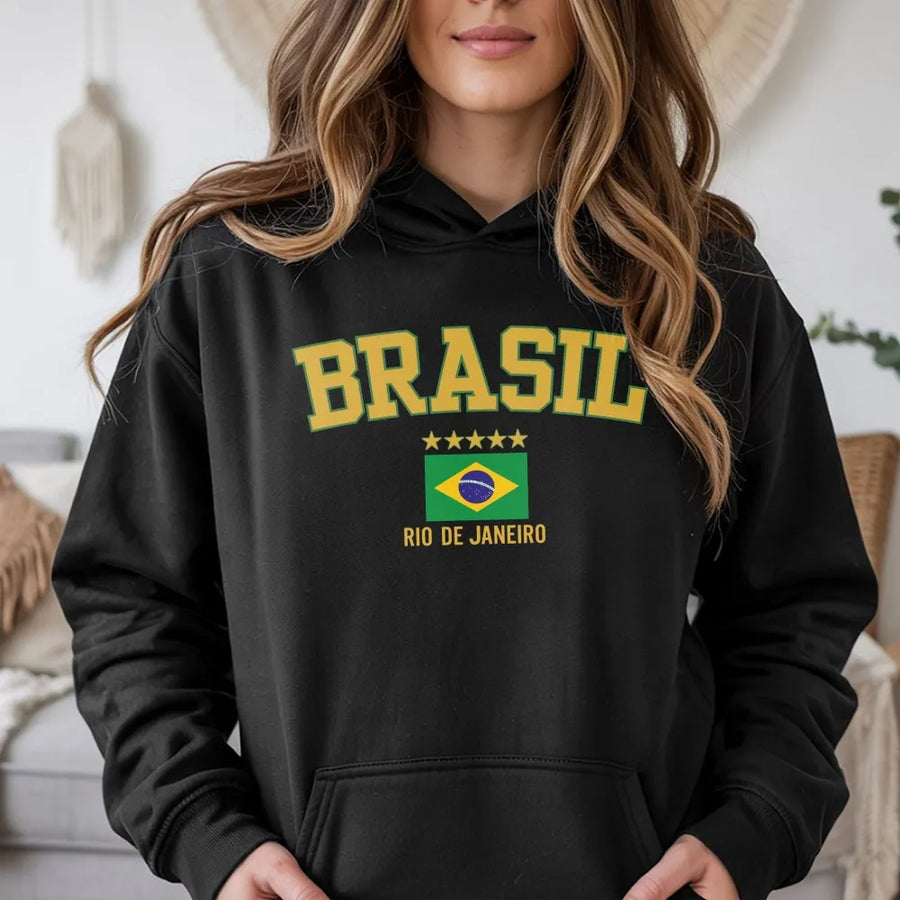 Brazil Hoodie | Rio de Janeiro Collegiate Style Graphic | Premium Brazilian Flag Crewneck | Unisex Souvenir Travel Gift