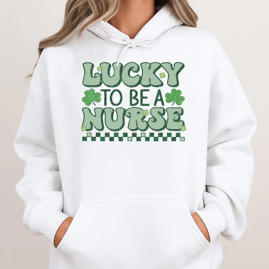 Lucky To Be A Nurse Hoodie | Retro St Patricks Day Shamrock Design | Soft Cotton Blend Fleece | Premium Nursing School Graduation Gift
