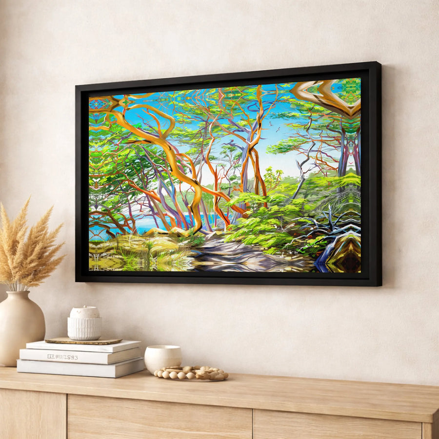 Arbutus Tree Forest Canvas Wall Art | Vibrant Coastal Nature Landscape | Premium Gallery Wrapped Print | Modern Living Room Home Decor Gift