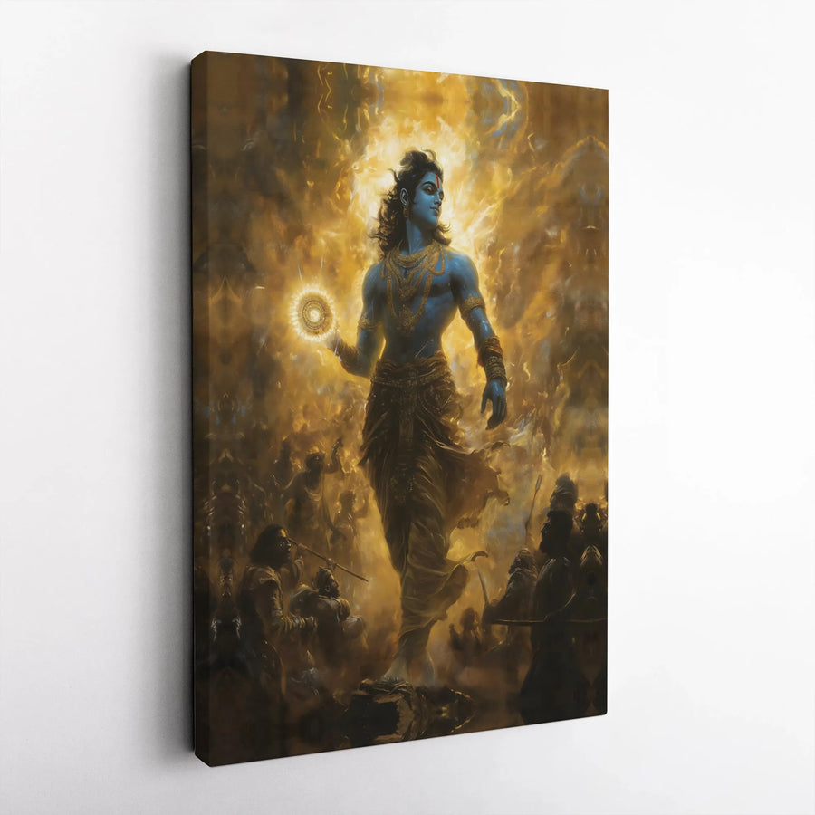 Lord Krishna Canvas Art | Mahabharata Battle Scene Print | Premium Gallery Wrapped Canvas | Spiritual Hindu Decor Gift