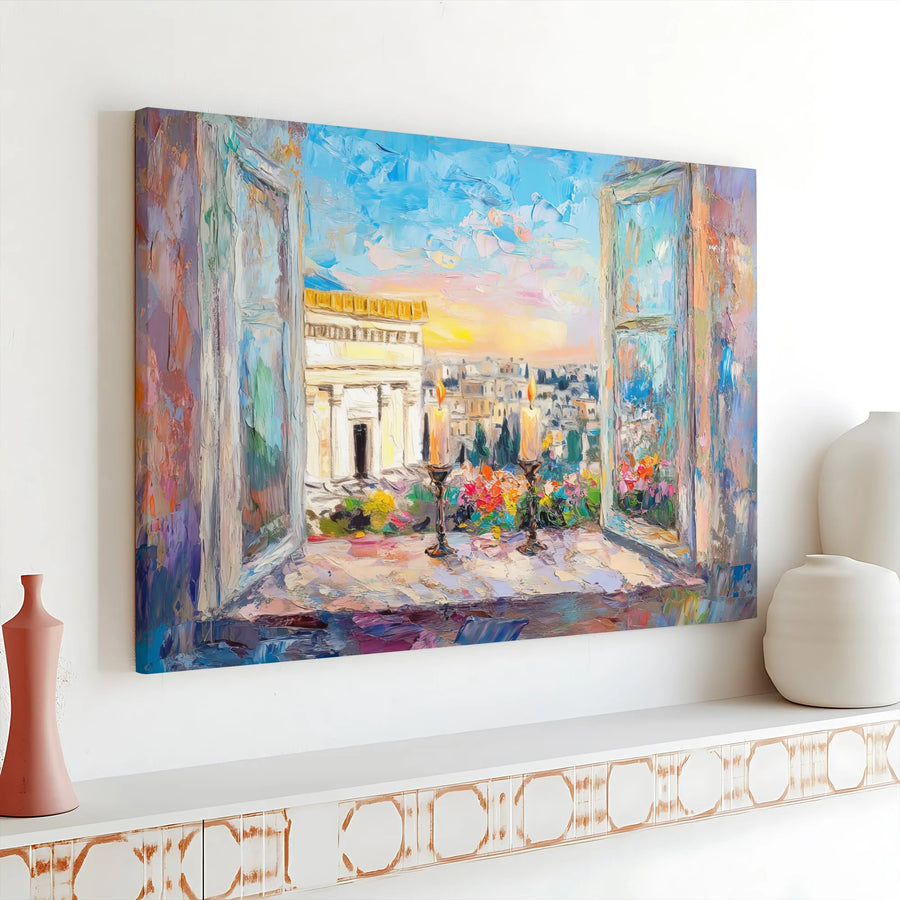 Jerusalem View Canvas Print | Impressionist Shabbat Candle Window Art | 1.25 Inch Gallery Wrap | Jewish Home Decor Gift