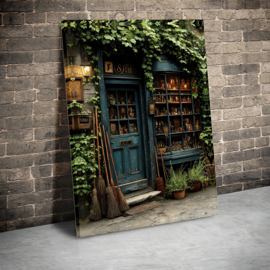 Magical Apothecary Canvas Wall Art | Witchy Shop With Potions And Brooms | Premium Gallery Wrapped Decor | Fantasy Gift For Book Lovers