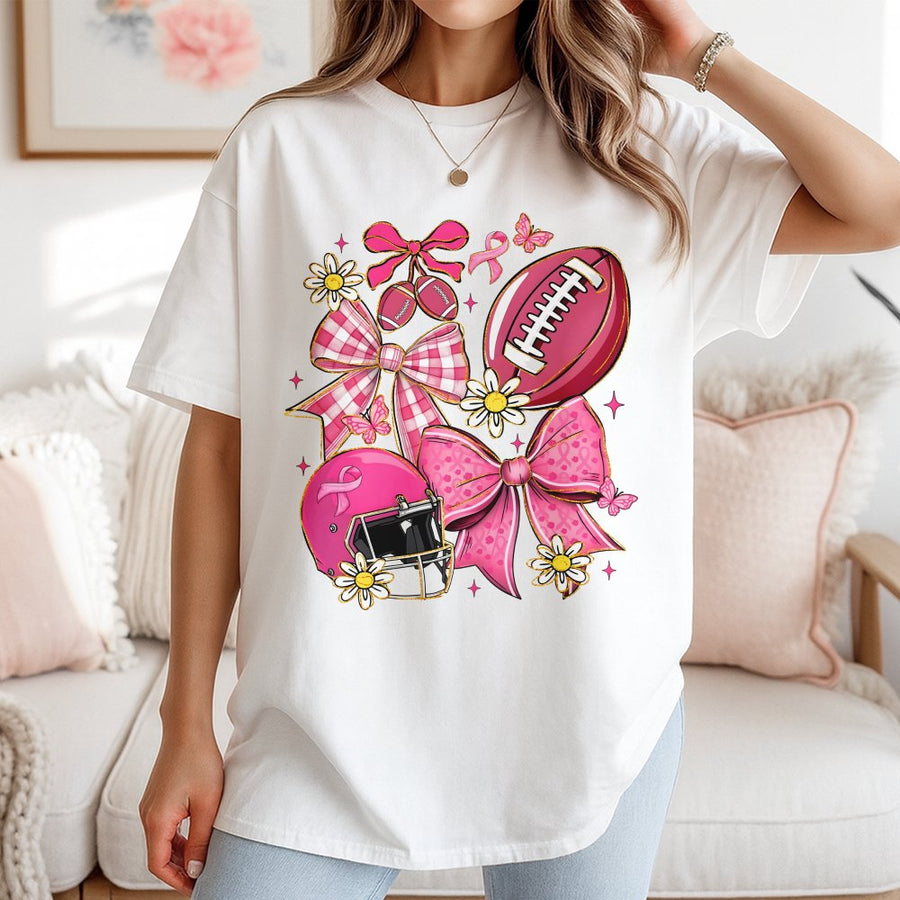 Breast Cancer Awareness Football T-Shirt | Pink Bow Preppy Game Day Graphic | 100% Cotton Premium Tee | Supportive Gift For Women Fans