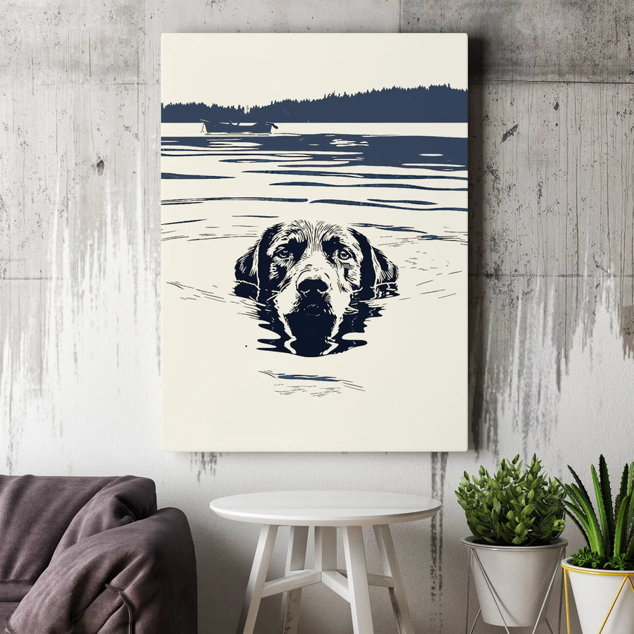 Labrador Retriever Wall Art | Swimming Dog Lake Scene Block Print | Premium Gallery Wrap Canvas | Gift for Dog Lovers and Outdoor Enthusiasts