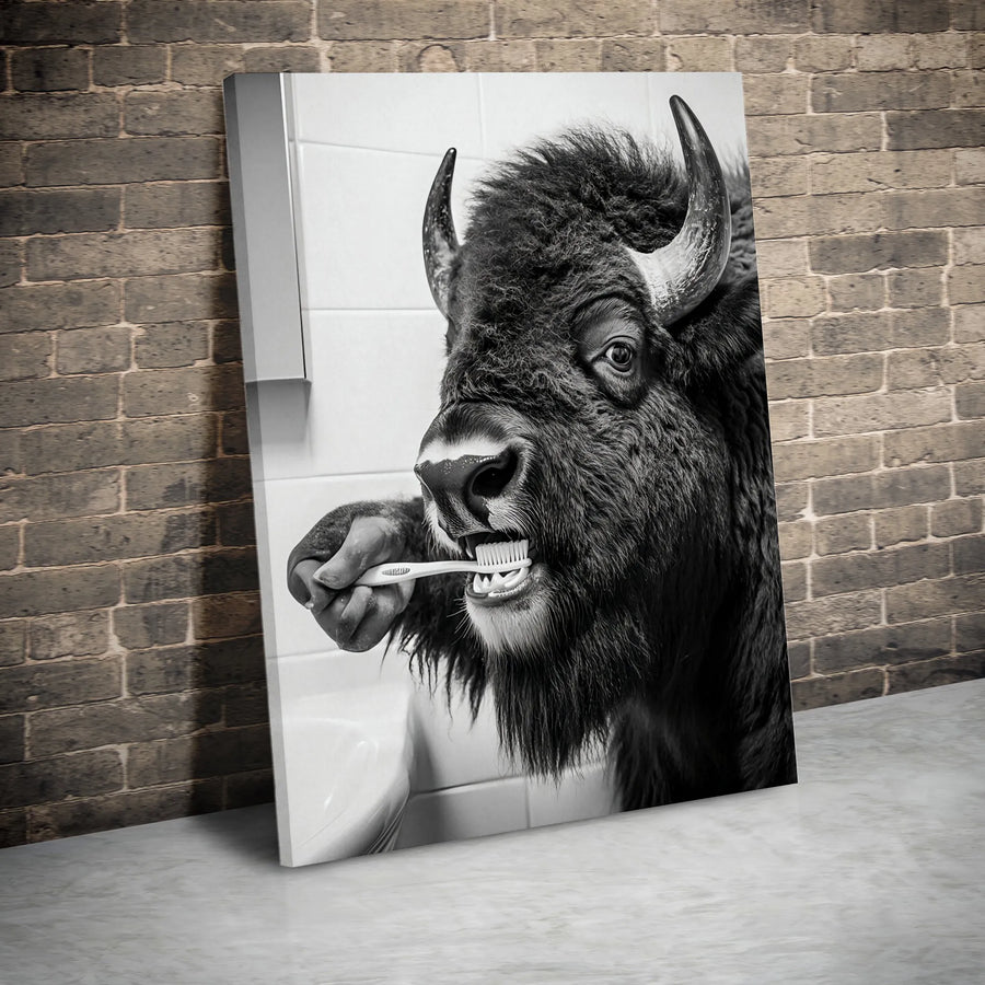 Bison Brushing Teeth Bathroom Wall Art | Funny Animal Portrait | Premium Gallery Wrapped Canvas | Whimsical Home Decor Gift