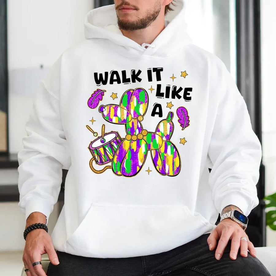 Mardi Gras Balloon Dog Hoodie | Walk It Like A Dog Festive Graphic | Premium Cotton Blend Pullover | Unisex New Orleans Parade Gift