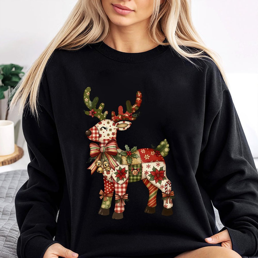 Christmas Patchwork Reindeer Sweatshirt | Festive Holiday Floral Graphic | Cotton Blend Premium Comfort | Cozy Gift for Her and Holiday Season Lovers