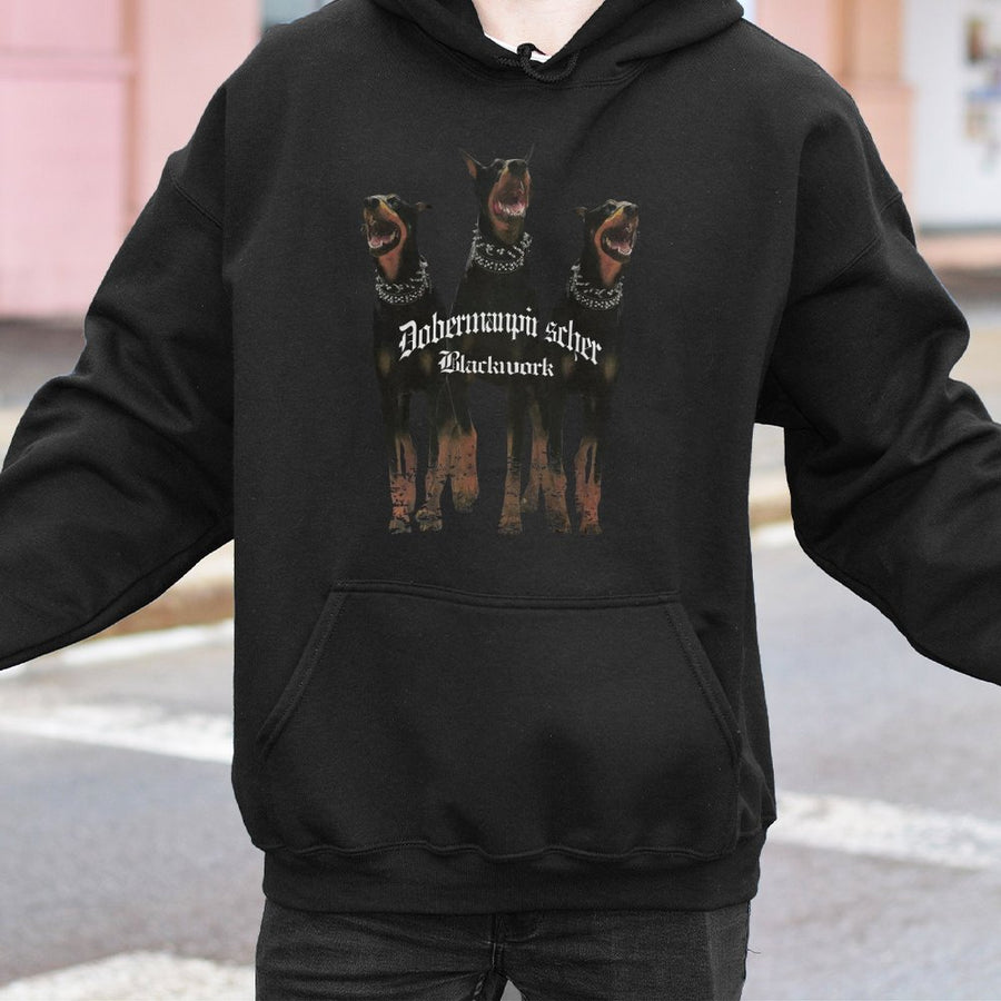 Doberman Pinscher Hoodie | Gothic Blackwork Dog Art | Premium Cotton Blend Pullover | Edgy Streetwear Gift for Dog Lovers