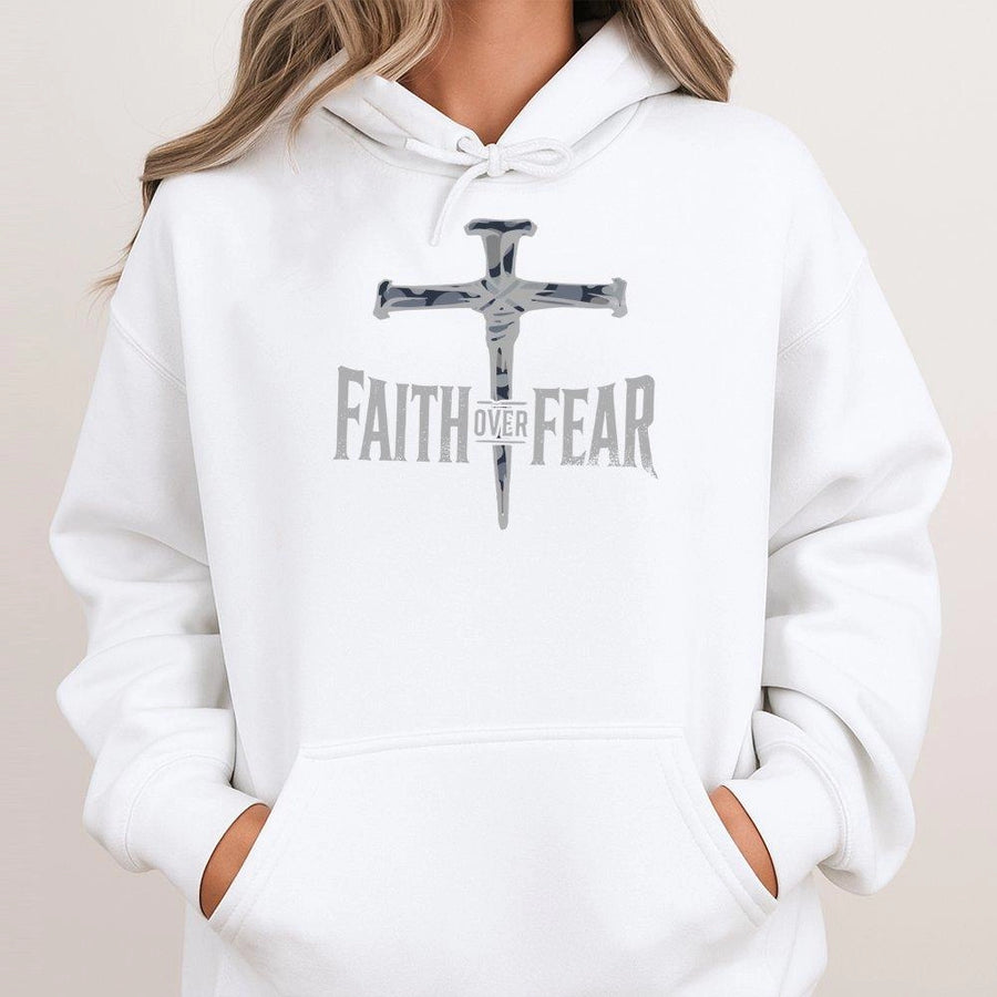 Faith Over Fear Hoodie | Camo Cross Graphic Print | Premium Cotton-Blend Fleece | Christian Religious Gift for Men and Women