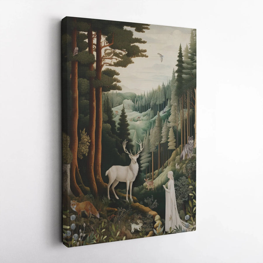 Enchanted Forest Canvas Wall Art | Whimsical White Stag and Maiden Portrait | Premium Gallery Wrap Decor | Mythical Nature Gift for Home