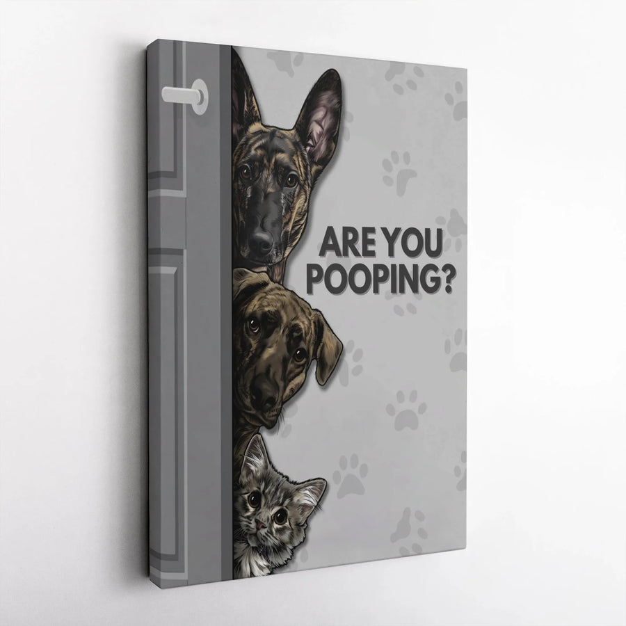 Are You Pooping? Funny Bathroom Canvas Wall Art | Peeking Dogs And Cat Print | Premium Gallery Wrap Decor | Humorous Gift For Pet Lovers