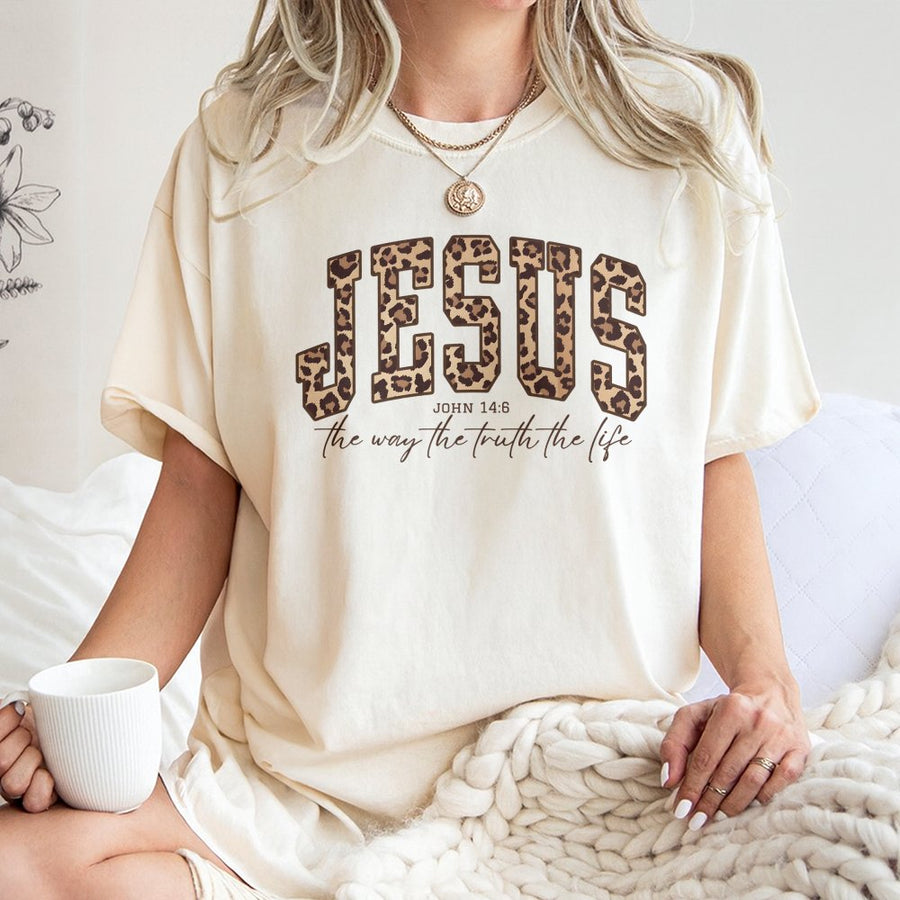 Jesus Bible Verse T-Shirt | John 14:6 Leopard Print Graphic | Premium Soft Cotton | Faith-Based Christian Gift for Women and Men