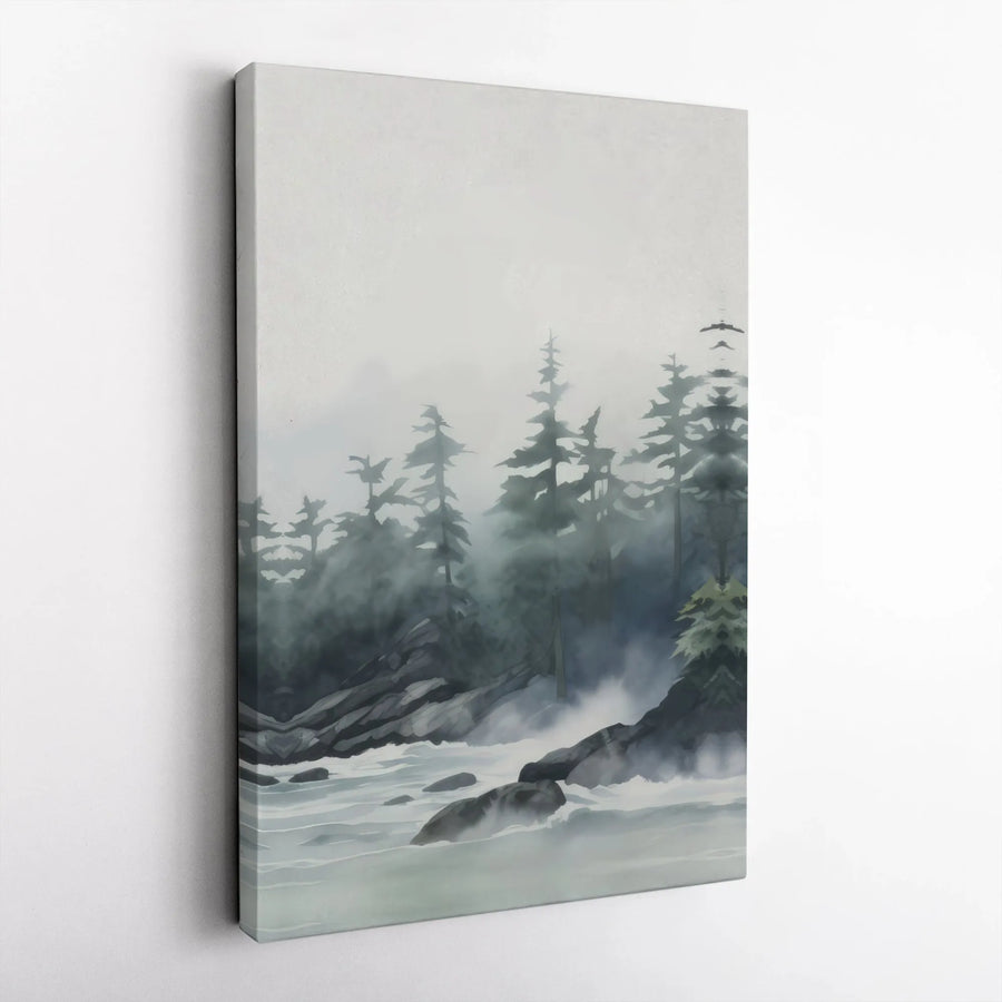 Misty Pine Forest Canvas Art | Moody Rocky Coastline Watercolor Print | Premium 1.25-inch Gallery Wrapped Wall Decor | Serene Nature Home Gift
