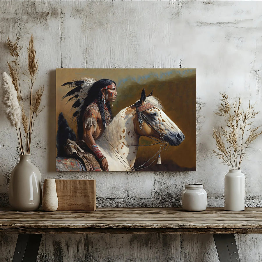 Native American Warrior Horizontal Canvas | Realistic Indigenous Chief & Paint Horse Oil Painting Art | Premium 1.25" Gallery Wrap | Rustic Western Home Decor Gift