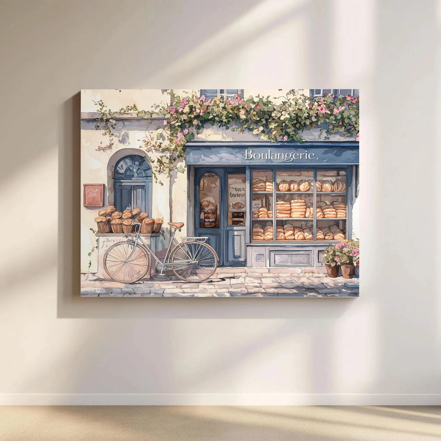 French Bakery Canvas Print | Watercolor Boulangerie with Bicycle | Premium Gallery Wrap Wall Art | Kitchen Decor Gift for Travel Lovers