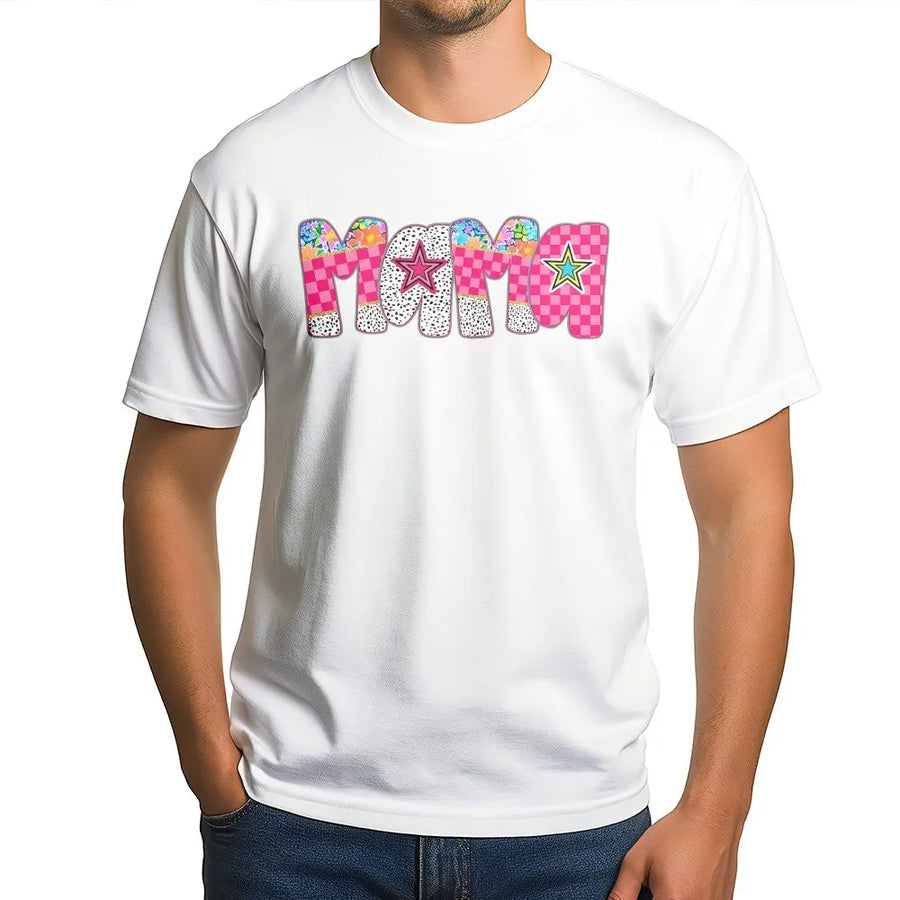 Retro Mama T-Shirt | Pink Checkerboard Star Graphic | 100% Cotton Premium Tee | Trendy Mother's Day 2026 Gift for Mom