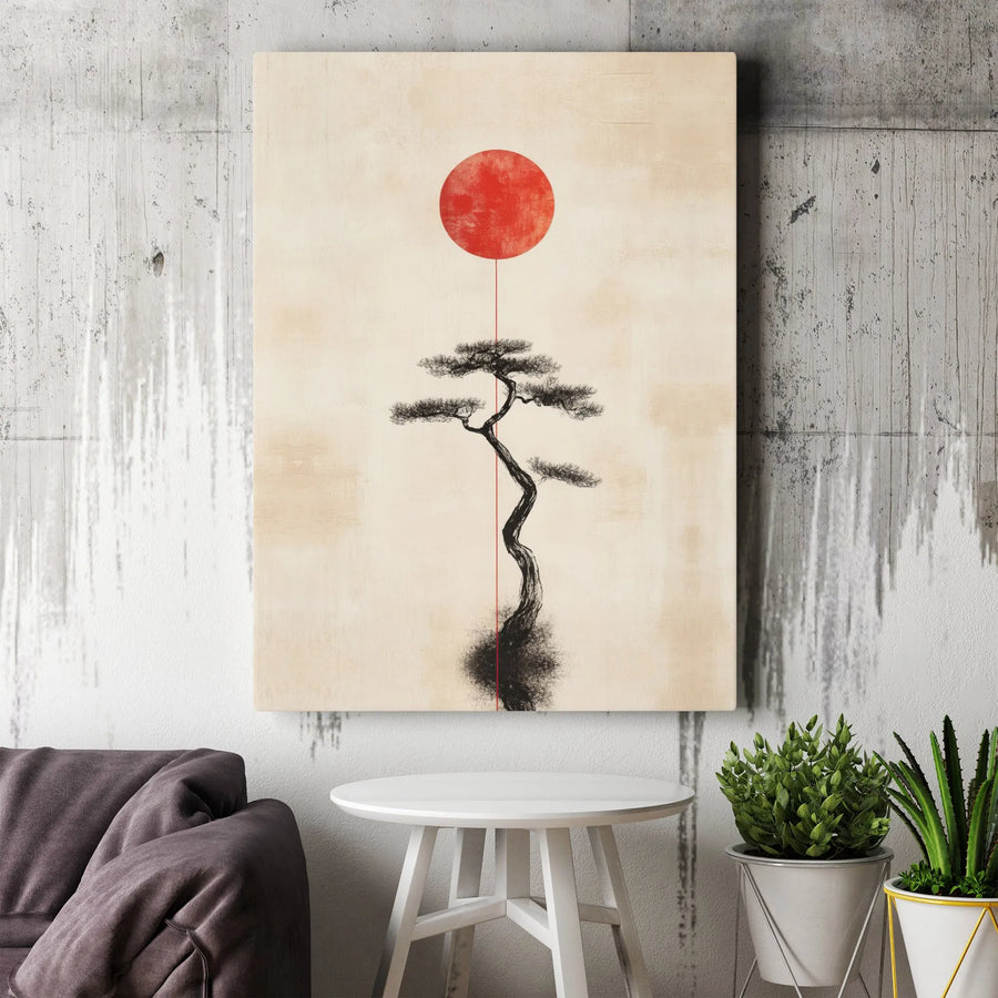 Japanese Sumi-E Pine Tree Wall Art | Minimalist Red Sun Canvas Print | 1.25 Inch Gallery Wrap | Zen Decor for Home or Office Gift