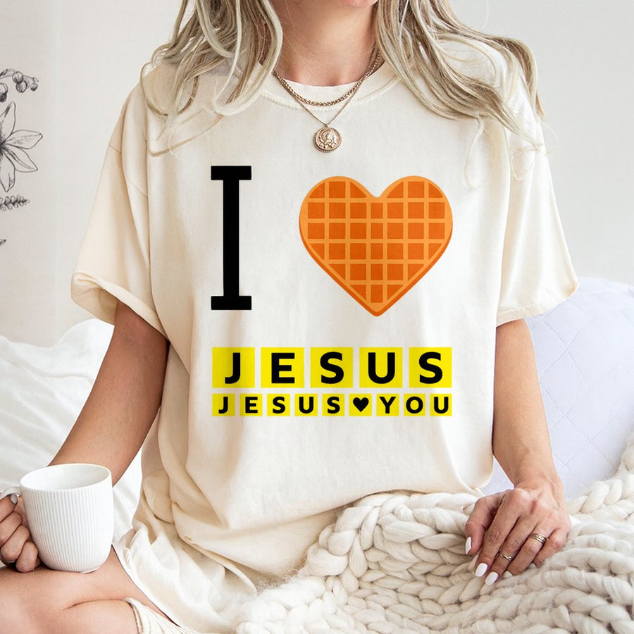 I Heart Jesus Waffle T-Shirt | Funny Christian Breakfast Graphic | 100% Cotton Premium Comfort Tee | Religious Faith Gift For Men Women