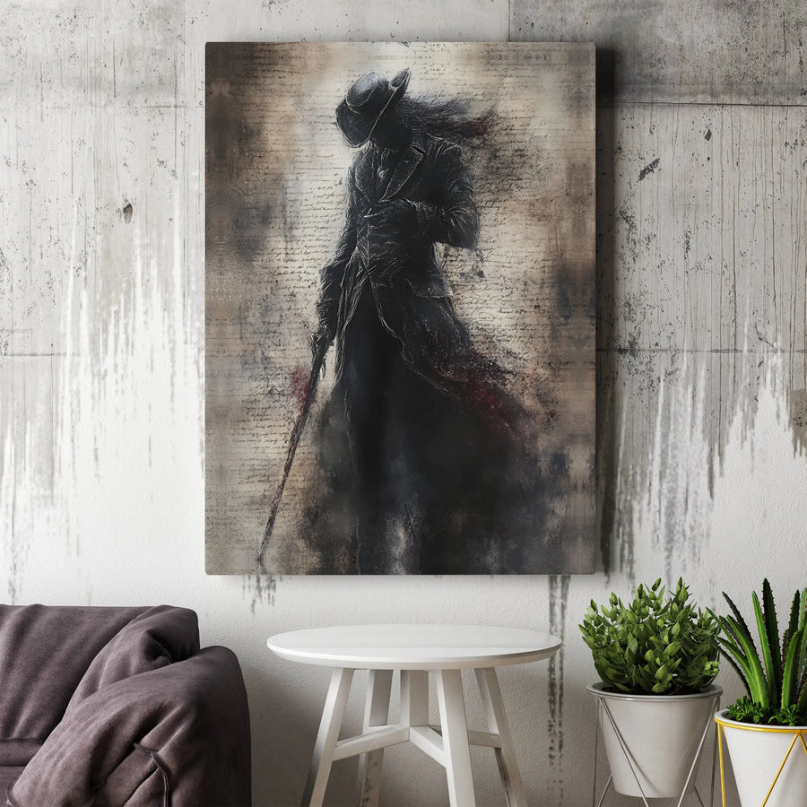 Gothic Silhouette Canvas Wall Art | Dark Mystery Figure with Cane | Premium Gallery Wrap Print | Edgy Home Decor Gift for Him