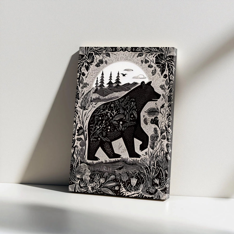 Linocut Style Bear Vertical Canvas | Folk Art Botanical Illustration | Premium High-Resolution Print | Rustic Cabin Decor Gift for Nature Lover