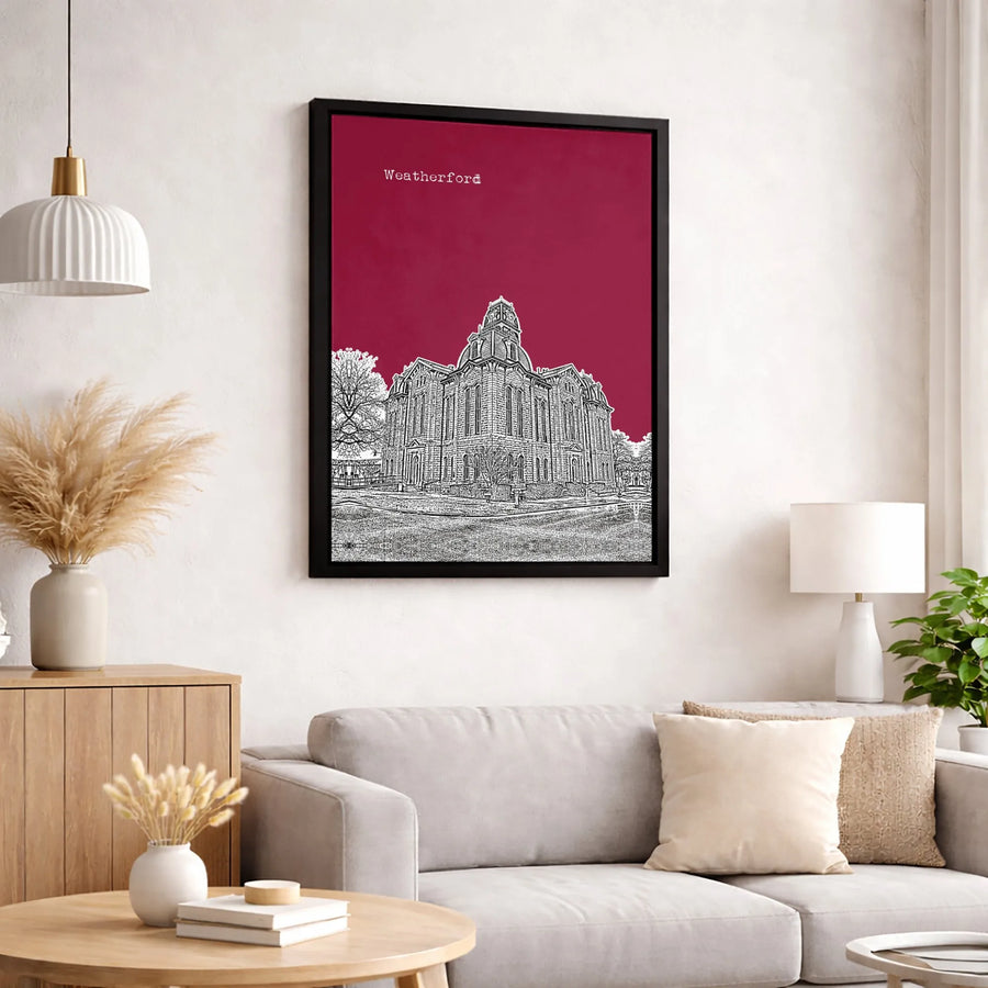 Weatherford Parker County Courthouse Wall Art | Minimalist Line Drawing Print | Premium Gallery Wrapped Canvas | Texas Home Office Decor Gift