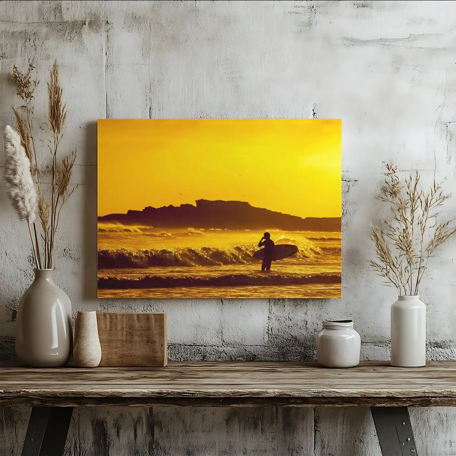 Surfer Sunset Wall Art | Golden Ocean Silhouette Canvas | 1.25 Inch Gallery Wrap | Coastal Beach Decor for Home or Office Gift