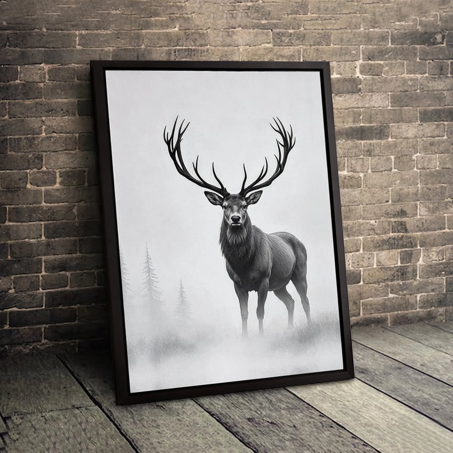 Stag Canvas Wall Art | Majestic Deer in Misty Forest Portrait | Premium 1.25" Gallery Wrap | Modern Farmhouse Living Room Decor Gift