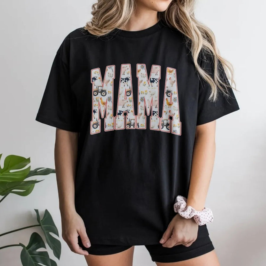 Mama Farm T-Shirt | Rustic Cow Tractor Animal Pattern | Premium 100% Cotton Tee | Gift for Country Mom & Farmhouse Style Enthusiasts