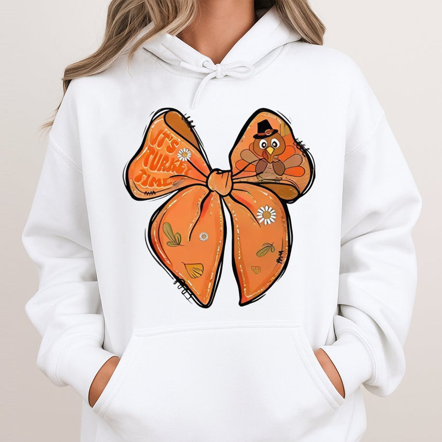 Thanksgiving Turkey Hoodie | Its Turkey Time Bow Graphic | Premium Cotton Blend | Cute Fall Festival Gift For Women