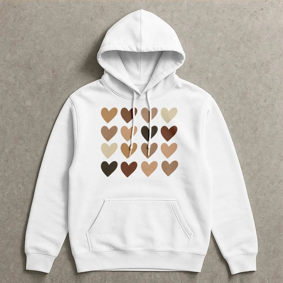 Diversity Hearts Hoodie | Inclusive Skin Tone Heart Graphic | Premium Cotton Blend Sweatshirt | Social Justice Equality Apparel Gift