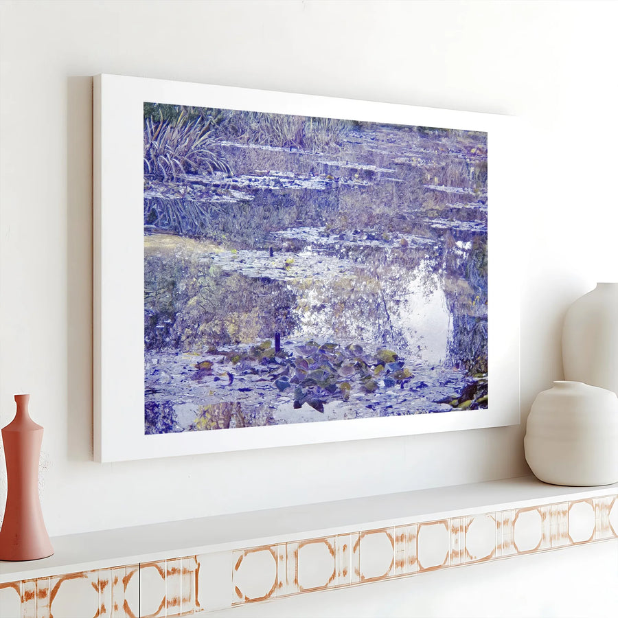 Impressionist Water Lily Pond Canvas | Blue Botanical Pond Reflections Art | Premium Gallery Wrap Stretched Print | Serene Nature Home Decor Gift