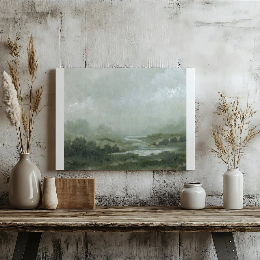 Misty River Landscape Canvas Print | Moody Green Tonalist Art | Premium Gallery Wrapped Canvas | Modern Farmhouse Wall Decor Gift