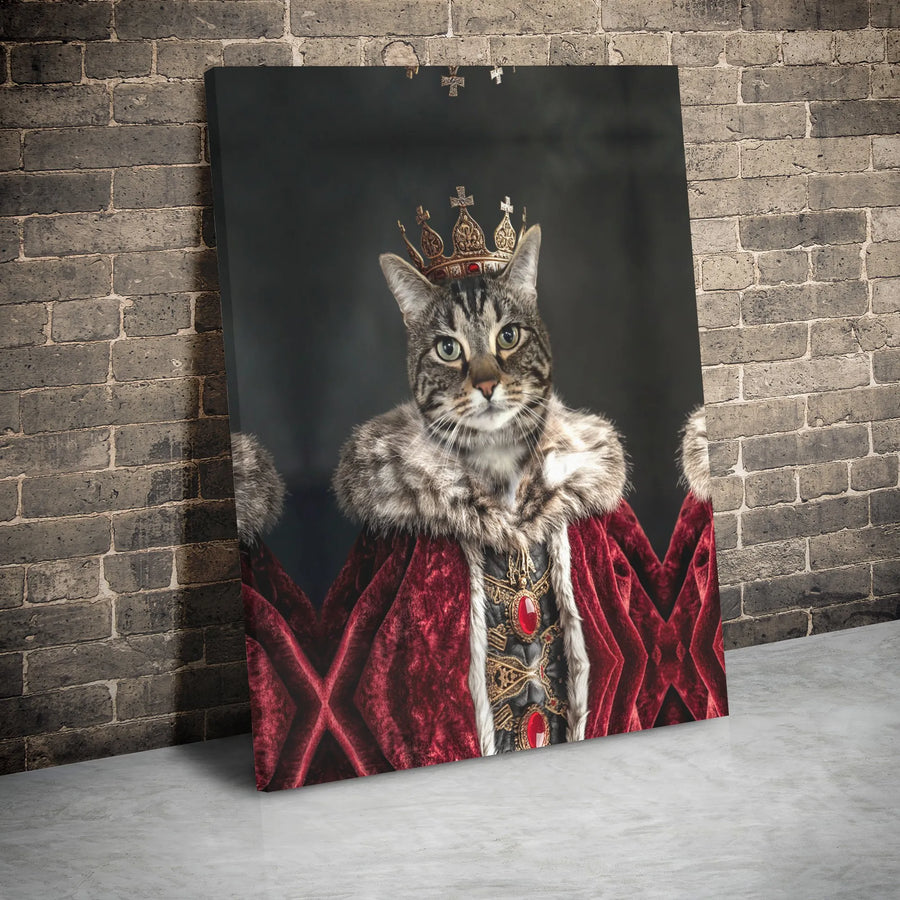 Royal Tabby Cat Portrait Canvas | Regal King Crown Wall Art | Premium Gallery Wrap Decor | Funny Pet Lover Gift for Office or Home