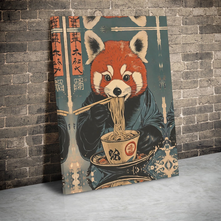 Red Panda Ramen Canvas Print | Japanese Ukiyo-E Art Style | Gallery Wrapped Premium Material | Unique Kitchen Wall Decor Gift