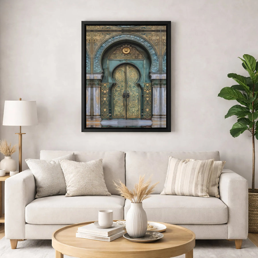 Moroccan Door Canvas Wall Art | Ornate Gold & Teal Arabesque Pattern | Premium 1.25-Inch Gallery Wrap | Elegant Home Decor Gift