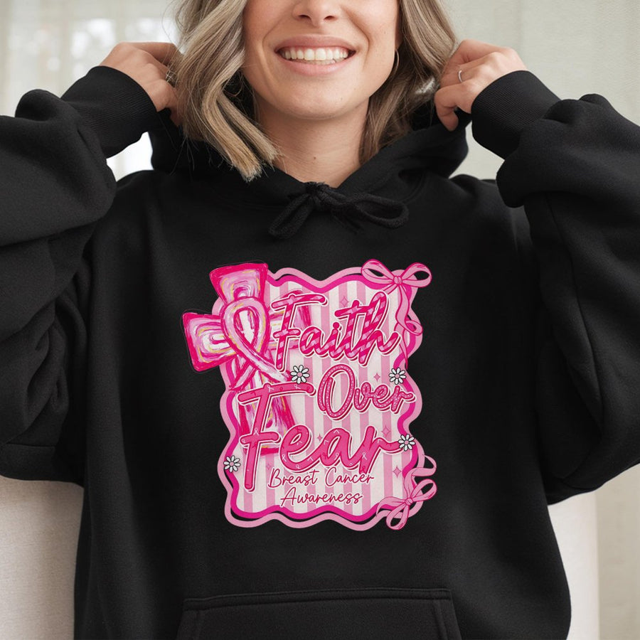 Breast Cancer Awareness Hoodie | Faith Over Fear Coquette Cross Design | Premium Cotton Blend | Gift for Cancer Survivor or Fighter