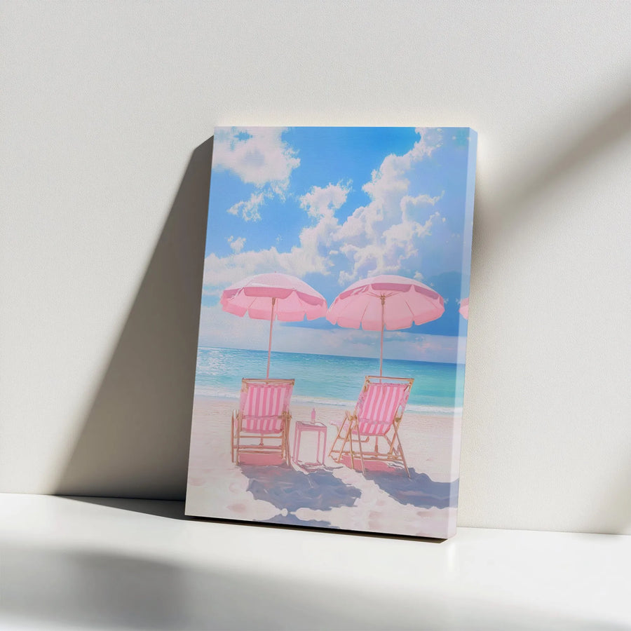 Pink Beach Chairs Canvas Wall Art | Relaxing Coastal Ocean Shore Decor | Premium Gallery Wrap Print | Summer Aesthetic Gift for Beach Lovers