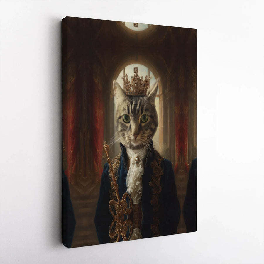 King Cat Portrait Canvas | Regal Tabby Cat in Crown and Royal Robes | Premium Gallery Wrap Wall Art | Unique Pet Lover Gift for Home Decor
