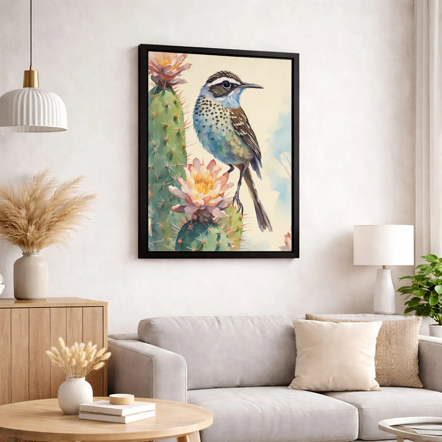 Cactus Wren Wall Art | Watercolor Bird on Blooming Saguaro Print | Premium 1.25" Gallery Canvas | Southwest Desert Home Decor Gift
